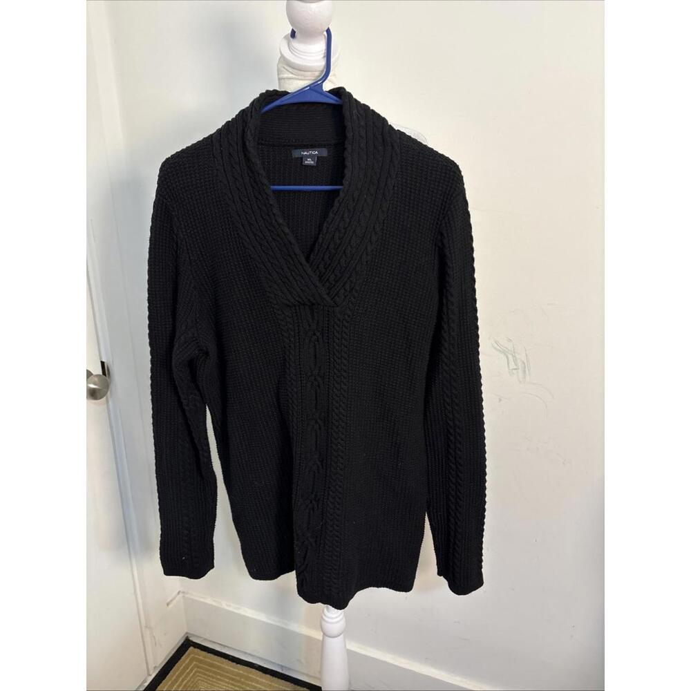 Nautica Knit Pullover‎ Sweater Shawl Collar Long Sleeve  Black Women XL